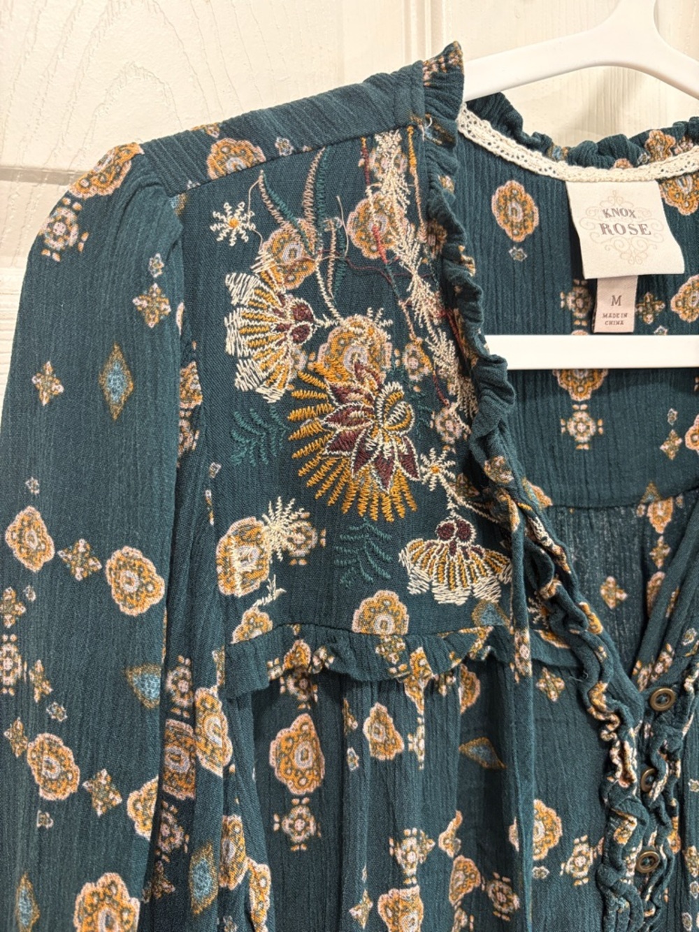 Knox Rose Teal Floral Peasant Tie-Front Blouse - Picture 4 of 8